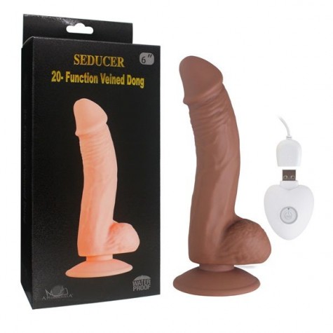 Коричневый вибратор SEDUCER 20 Function Veined Dong - 20 см.